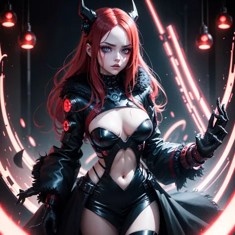 Girl Android demonic gloomy with long red hair she has a playful look she has a mask on her face a woman with sexy hips half cyborg modification Beautiful fur blue eyes stands in full height Anime Style black background Cyberpunk style, black background im...