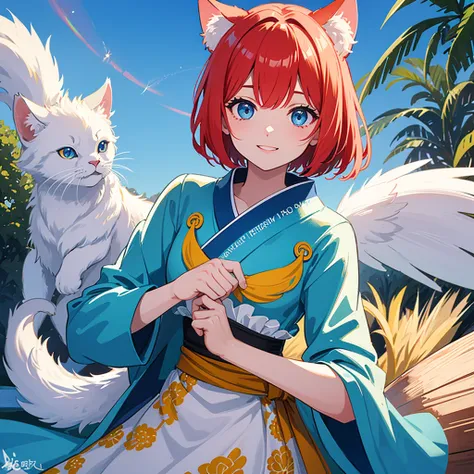 1 girl,Redhead Bob Cut、Long Bangs、Blue eyes、Summery light blue kimono 、Cute smile、From the front towards you、profile,In 8K, Surreal, Lens flare,It looks like a fun atmosphere., Shine, be familiar with, complicated, Many colors, Bright lighting from the fro...