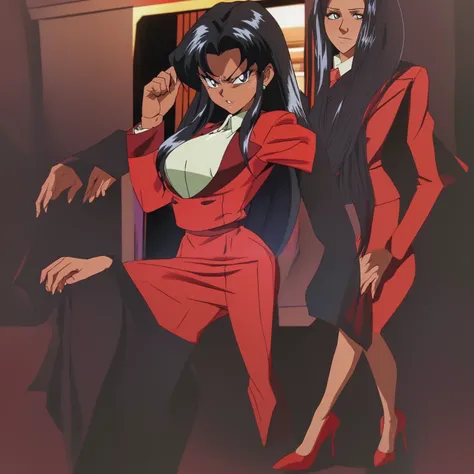 90s anime Evil black skinned business woman in a red suit and  red skirt and red heels and long red sleeves 