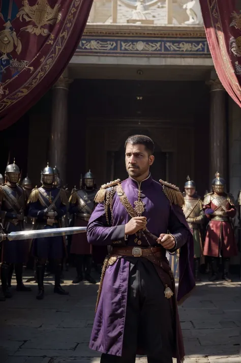 ((Best quality, 8k, Masterpiece :1.3)), Sharp focus :1.2, dynamic light, an imperial emperor standing in front of a powerful army in the background, epic scene, wide perspective, medieval period, luxury, powerful empire, purple outfit, core color is red, b...