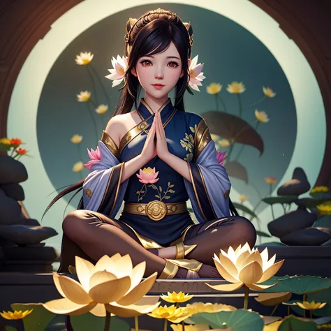 There was a young woman sitting in the lotus position with her hands folded, cute digital painting, artgerm and atey ghailan, beautiful digital art, Art on Artstation, atey ghailan 8k, ross tran 8k, sitting on a lotus flower, cyril rolando and goro fujita,...