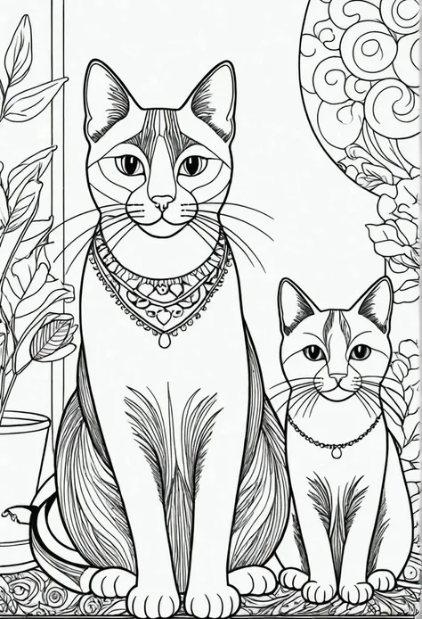 A printable black and white coloring page featuring cats, clean very simple line art