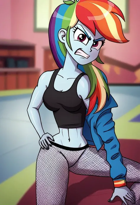 Eqg angry rainbow dash  at a school in  in fishnet tights walk 