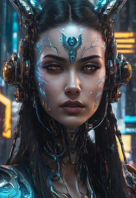 a closeup of a woman with a strange face and RNA, cyberpunk art inspired by Marek Okon, winner of cgsociety contest, fantasy art, cyborg - girl, portrait of a cyborg queen, beautiful cyborg priestess, gothic - cyberpunk, cyberpunk robotic elvish queen, cyb...