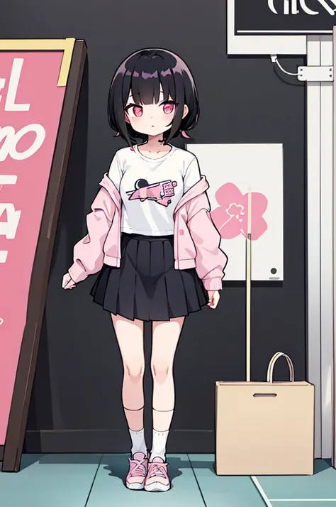 chibi, 1girl, anime girl, black hair, short hair, short twintail, pink eyes, casual outfit, white outfit, short skirt, shoes, white sock, long sock, full body, blank background