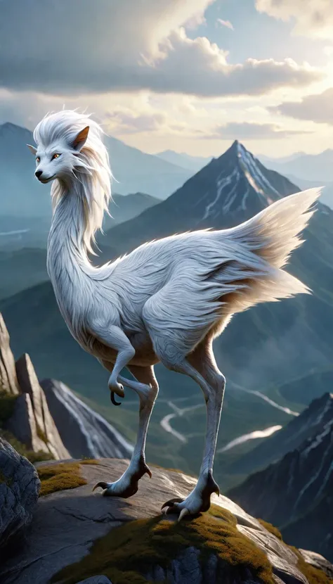 There is a creature on the mountain，human face，White hair，three legs（best quality，4K，8k，High level，masterpiece：1.2），Ultra Detailed，（lifelike，Photo real，Photo real：1.37），Highly detailed animals，Complex patterns，Realistic lighting，Fantasy Creatures