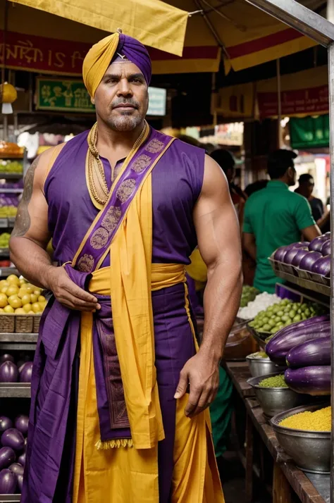 Thanos, the mighty Titan, selling eggplants in a lively Indian market. Hes dressed in vibrant traditional Indian attire—kurta, dhoti, and a turban. His imposing figure stands behind a stall brimming with fresh eggplants, surrounded by the rich scents and s...