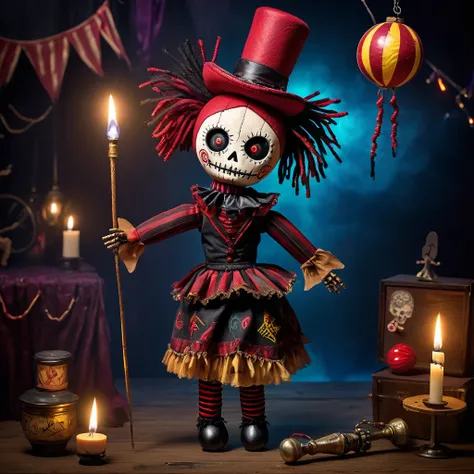 (knitted toy voodoo doll:1.5), (Voodoo Nightmare Juggler:1.3), (Clothing: tattered circus attire with sinister patterns:1.0), (Accessories: enchanted juggling knives emitting a ghostly glow, floating spectral circus tents:1.1), (background: dark, eerie car...