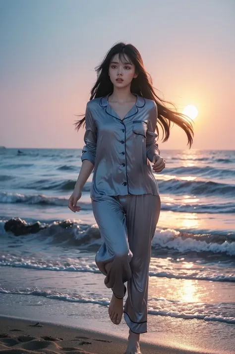 Low light dark pastel shades, The content is very detailed,(Clear face)，(beautiful eyes)，look at the audience，good quality, reflect,(Girl running on the beach, Long black hair flying, Beautiful sunset in gauze pajamas on the beach, Dark 80s dystopia《blade ...