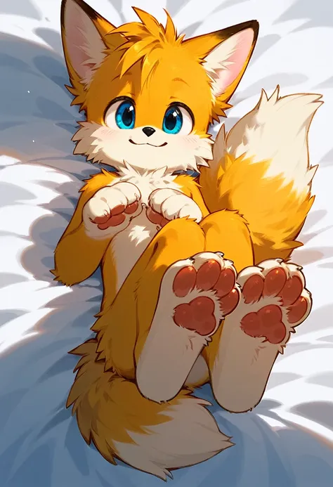 solo, score_9,score_8_up score_7_up, anthro, tails miles prower, yellow fox, male, smiling, laying on a bed, laying down, close ...