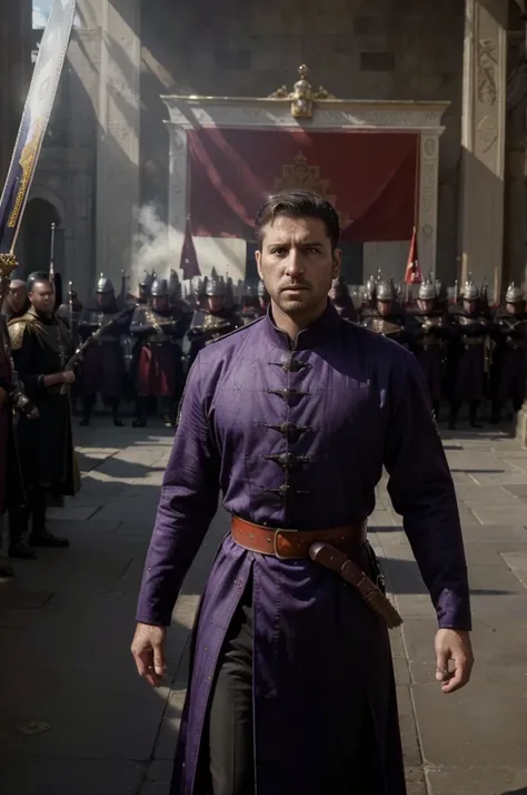 ((Best quality, 8k, Masterpiece :1.3)), Sharp focus :1.2, dynamic light, an imperial emperor standing in front of a powerful army in the background, epic scene, wide perspective, medieval period, luxury, powerful empire, purple outfit, core color is red, b...