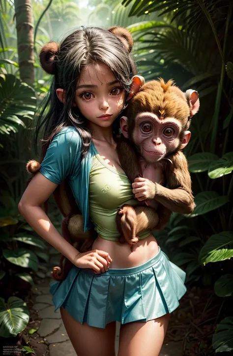 A (((tween holding a monkey and a monkey in her arms,))) Nami from one piece. Wearing micro skirt. ((And her get hugs with Lewd monkey groping her in jungle)).(realistic arts), intricate, (monkey craves her carnally)