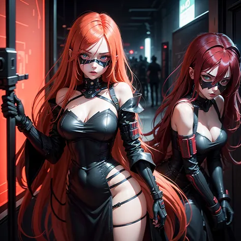 Girl Android demonic gloomy with long red hair she has a playful look she has a mask on her face a respirator she has a deep neckline and bare hips a woman with sexy hips half cyborg modification Beautiful fur blue eyes stands in full height Anime Style bl...