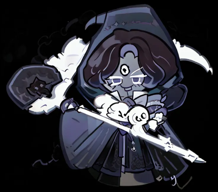 best quality, masterpiece, black robe and hoodie, white bone scythe, pale skin, laughing grin, male, cookie run kingdom, licoric...