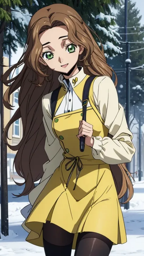 Score_9, score_8, score_7, code Geass_anime, Anastasia lamperough, brown hair and green eyes, long hair, light yellow winter dress, dark yellow jackets, black tights, smile, cute, park, snow, day, best quality, masterpiece+