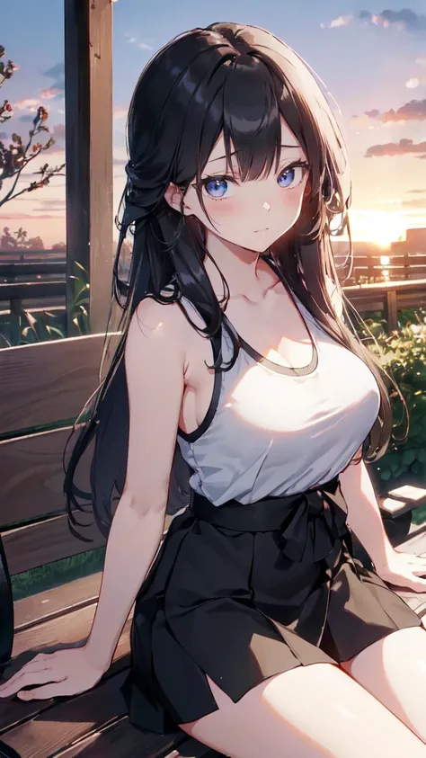 Best image quality, 8k, (Ultra-high resolution:1.5,Japanese,sad,Tears in my eyes、Delicate eyes,Sensitive face,Attractive face,Long Black Hair、garden、Sunset、Fantasy、Black tank top、White Skirt、Sitting on a bench、Pensive expression、Big Breasts、