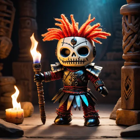 (knitted toy voodoo doll:1.5), (Voodoo Phantom Gladiator:1.3), (Clothing: tattered gladiator armor with dark patterns:1.0), (Accessories: enchanted trident emitting a ghostly glow, floating spectral lions:1.1), (background: dark, ancient coliseum with flic...