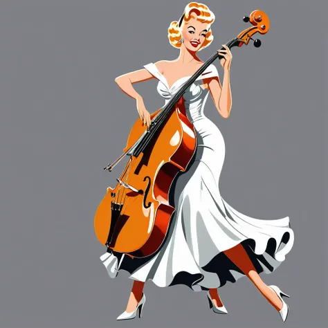 rafed woman in white dress playing a Wood Bass on grey background, inspired Tex Avery, Retro illustration, Wood Bass, In the style of digital illustration, Flat Vector Art, jazz, 1950s illustration style, stylized digital illustration, Manga style illustra...