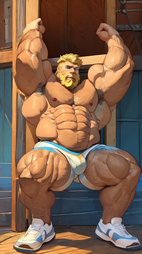 ((Best Quality, 8k, Masterpiece: 1.3)), Full Body, Focus Clear: 1.2, Outstanding Style: 1.4, a giant muscular man doing leg stretches in spread eagle position, Bara art, blond hair and scruffy beard, wearing white briefs, with a wedgie, hyper muscle ass, b...