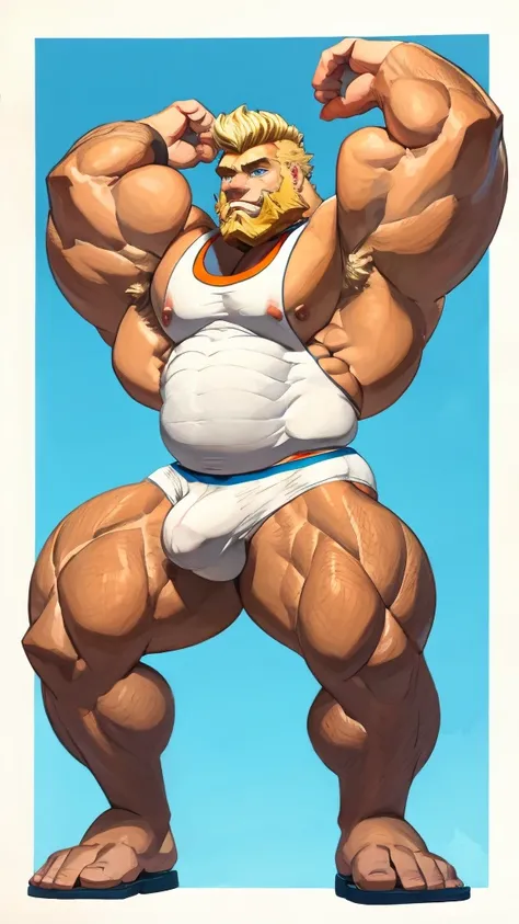 ((Best Quality, 8k, Masterpiece: 1.3)), Full Body, Focus Clear: 1.2, Outstanding Style: 1.4, a giant muscular man doing leg stretches in spread eagle position, Bara art, blond hair and scruffy beard, wearing white briefs, with a wedgie, hyper muscle ass, b...