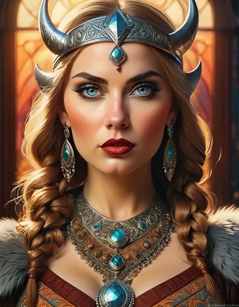 a beautiful busty viking woman, intricate art deco style portrait, highly detailed face, intense eyes, full lush lips, detailed ...