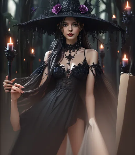 Wear a long black dress，Gothic style