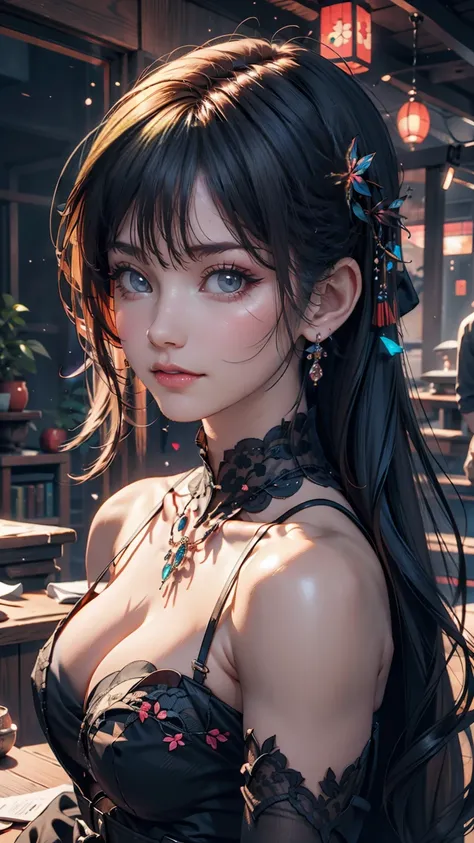 Twin tails, Beautiful harmony of dark colors, Gothic Cyberpunk, A miraculous fusion with Ukiyo-e, Create a fantastic space landscape with a holographic transparent coating, 
break: Dyeing clothes with fluorescent neon colors, Tiny transparent iridescent ge...