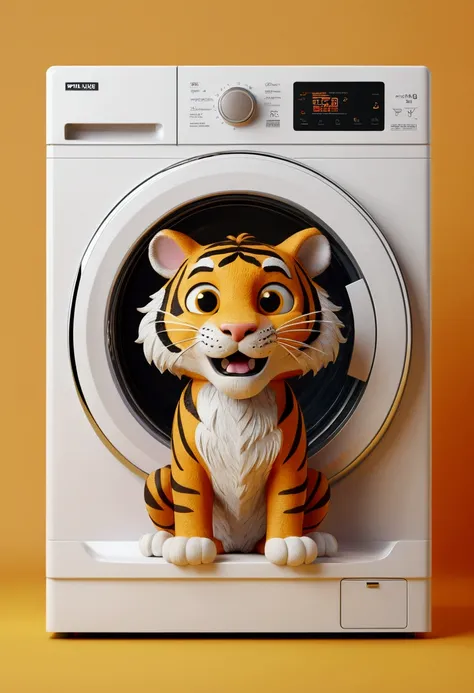 (design of character），tiger with enthusiasm and joy while standing in front of a washing machine, anthropomorphic sun, Mattresses are tiger, smiling, big shiny eyes, Fantastic，Eccentric，similar to a fairy tale, super detailing, pixel style, vibrant with co...