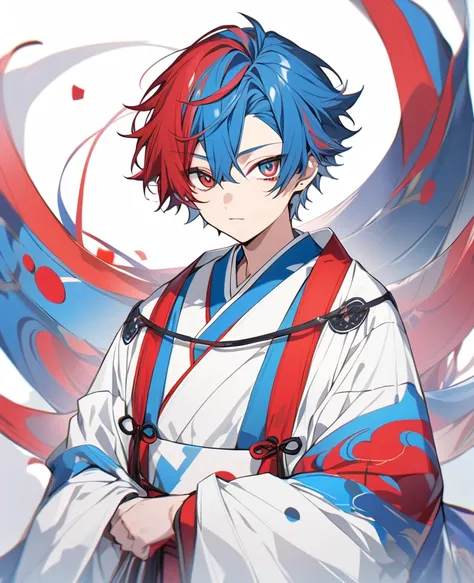 Male boy , red hair with patch of blue hair of sides , one red eye on eblue eye , in a kimono of white colour with blue and red patterns on them , rectangular midium sized galssess