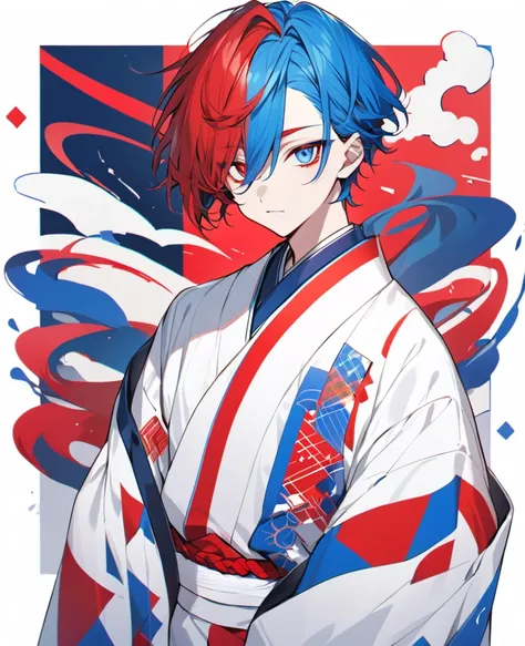 Male boy , red hair with patch of blue hair of sides , one red eye on eblue eye , in a kimono of white colour with blue and red patterns on them , rectangular midium sized galssess