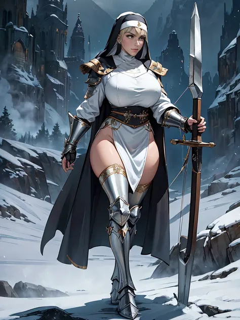 (masterpiece, top quality, best quality, official art, beautiful and aesthetic:1.2), (1girl:1.3), ((Sharp facial features, sharp features, hawkish features)), ((grey eyes)), busty paladin knight girl, extremely detailed, portrait, looking at viewer, solo, ...