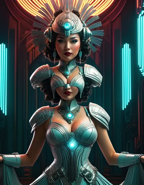 a beautiful busty art deco space woman, elegant futuristic dress, intricate mechanical details, elaborate headdress, glowing cyb...