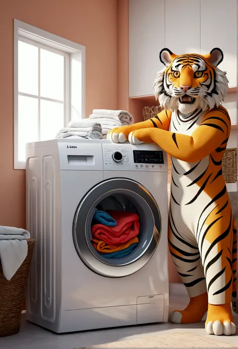 (design of character），laundry with enthusiasm and joy while standing in front of a washing machine, anthropomorphic sun, Mattresses are tiger, smiling, big shiny eyes, Fantastic，Eccentric，similar to a fairy tale, super detailing, pixel style, vibrant with ...