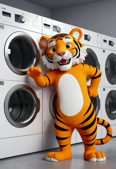 (design of character），laundry with enthusiasm and joy while standing in front of a washing machine, anthropomorphic sun, Mattresses are tiger, smiling, big shiny eyes, Fantastic，Eccentric，similar to a fairy tale, super detailing, pixel style, vibrant with ...