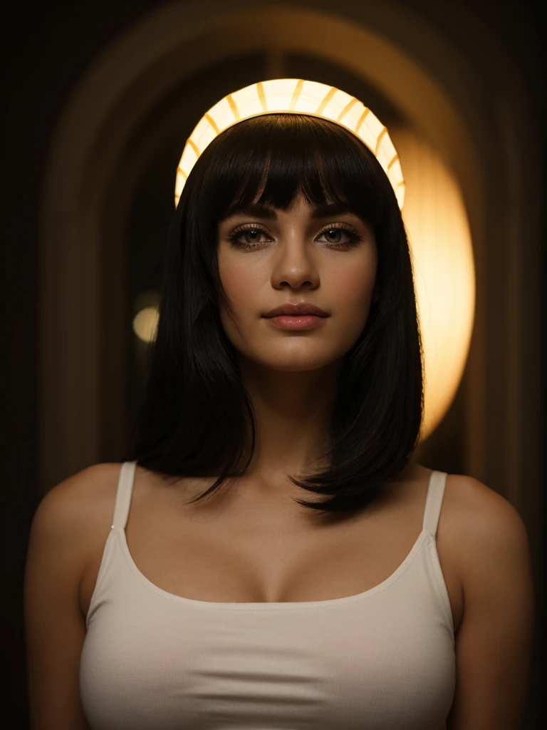 Best quality, masterpiece, ultra high res, (photorealistic:1.5), raw photo, 1 mature Ancient Egyptian girl, white sleeveless tank top, wide shoulders, in the dark, deep shadow, low key, cold light, sexy look, black Cleopatras hair (((black hair))), bright ...