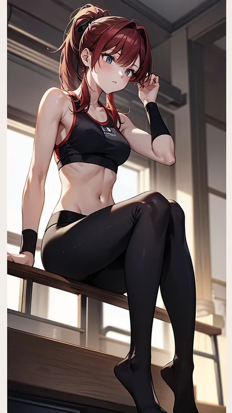 {{masterpiece}}, {{{best quality}}},{{ultra-detailed}}, {{illustration}},{{tall stature}},{{adult women}},,Small breasts,Slender,{{squat}},((Leggings with integrated shorts)),((Black leggings)) Fitness Instructor　Red hair ponytail　Tank top　Wristband　Town,1...