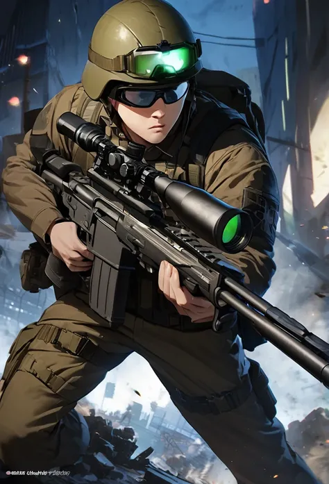 high quality, high definition images, full HD、8k.1 young male sniper:1.5, Short brown hair in American combat uniform Wear a helmet deeply, holding a sniper rifle 、midnight city area, using a night vision goggle, pitch black The night vision light is green...