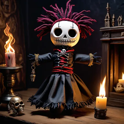 (knitted toy voodoo doll:1.5), (Voodoo Sinister Phantom Lord:1.3), (Clothing: tattered noble attire with dark runes:1.0), (Accessories: enchanted scepter emitting a ghostly glow, floating spectral knights:1.1), (background: dark, haunted castle with flicke...