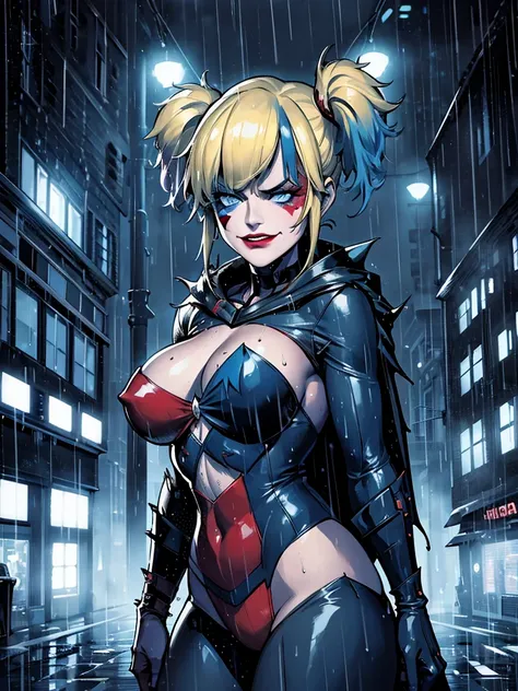 Harley Quinn, dressed in the Batman suit, stands confidently on the rain-soaked streets of Gotham City at night. The dark, wet pavement glistens under the intense downpour, highlighting the intricate details of her Batsuit. Her expression is stern, masked ...