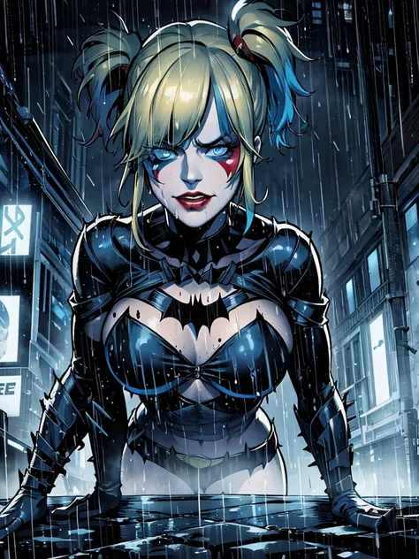 harley quinn, dressed in the batman suit, stands confidently on the rain-soaked streets of gotham city at night. the dark, wet p...