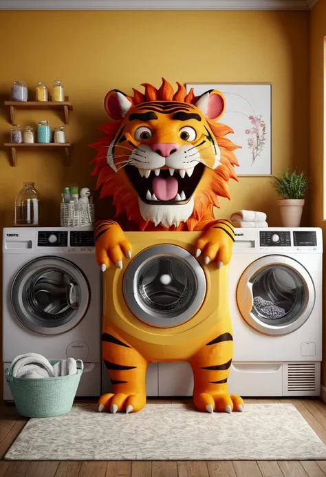 (design of character），monster washing machine with enthusiasm and joy while standing in front of a laundry, anthropomorphic sun, Mattresses are tiger, smiling, big shiny eyes, Fantastic，Eccentric，similar to a fairy tale, super detailing, pixel style, vibra...