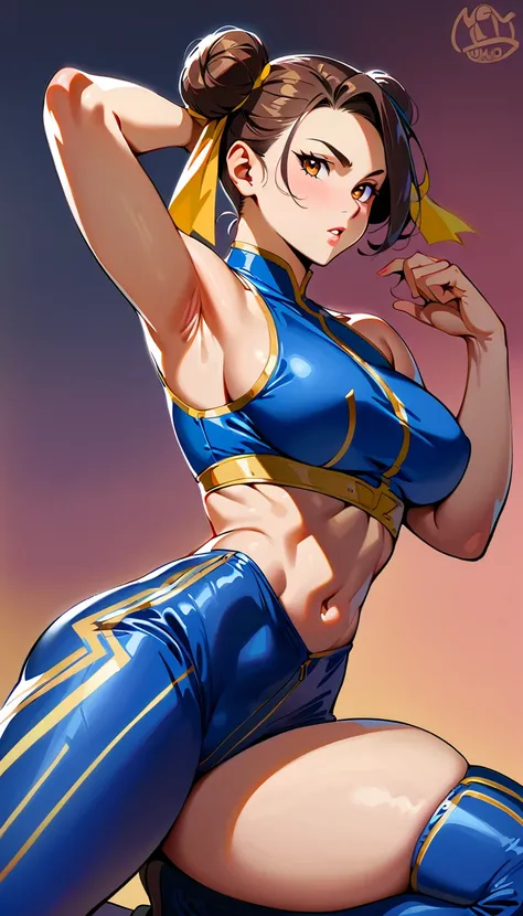 Masterpiece, Best Quality, ultra high resolution, CHUNLIAL, brown eyes, double bun, yellow ribbon, blue bodysuit, crop top, sleeveless, hermosa, culo enorme, muslos grandes, cuerpo perfecto, detallado, mojada, erotica, sexy, vista de atras
