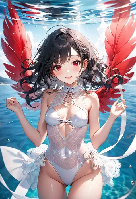 (full body, pov angel swimsuit style), (solo:2, 15 yo, curly:1.3 black hair long hair lovely girl, sexy red eyes, love smile, medium:1.1 tits, glossy lip), (in a white lace up leotard swimsuit, double exposure White Feather), break, in the Swimsuit contest...