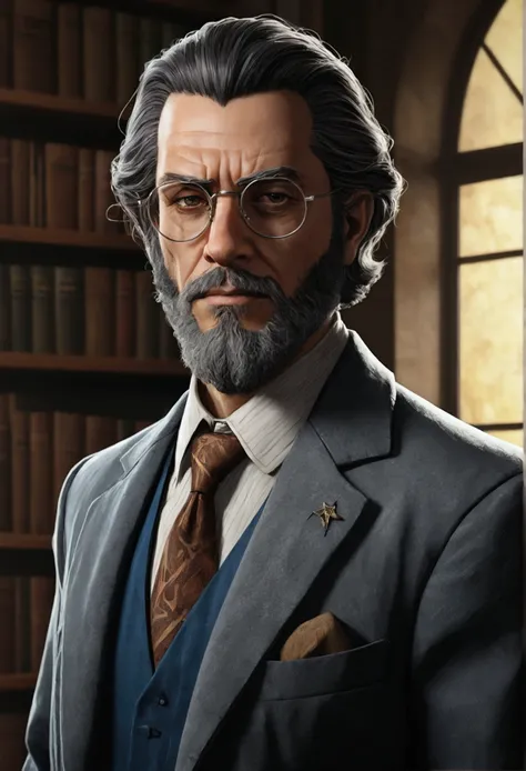 a man with glasses and a beard, wearing jacket and tie, portrait of professor sinister, inspirado em Max Magnus Norman, official character art, detailed Portrait of character, inspired by Nelson Alexander Ross, high-quality portrait, a Portrait of characte...