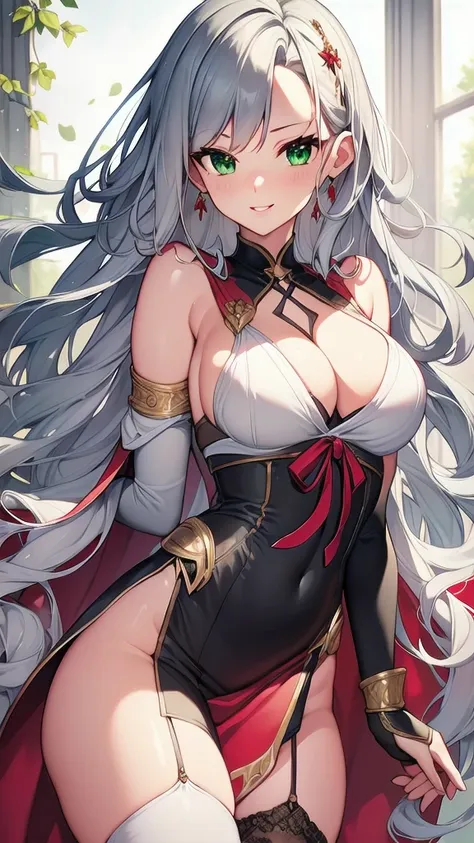 (masterpiece, best quality, ultra-detailed, best shadow), solo girl, gray hair, green eyes, long hair, medium breasts, sexy body...