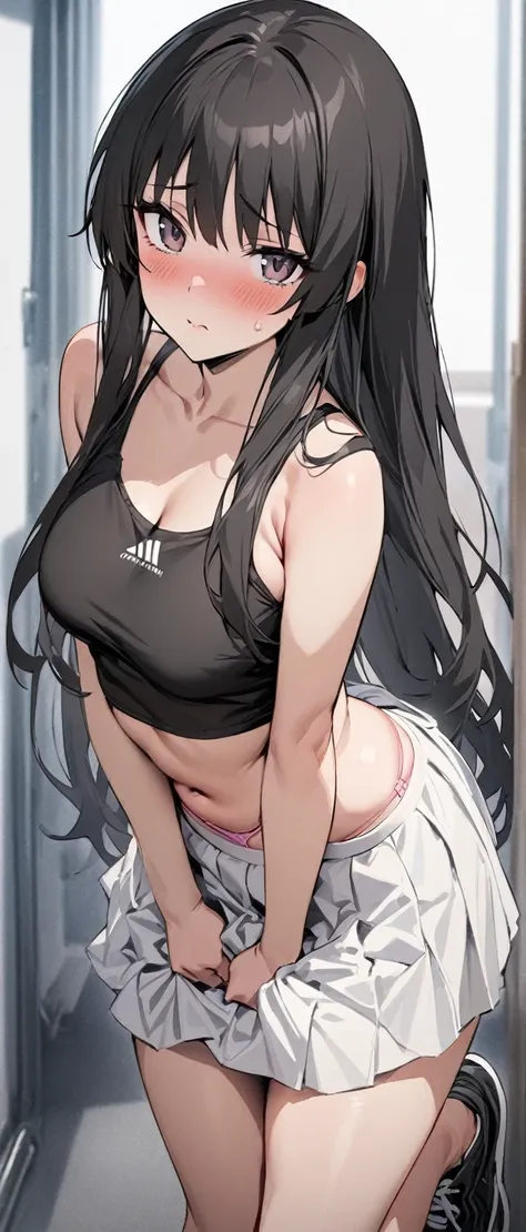 (masterpiece, top quality:1.2), 1 girl Mio Akiyama, One, They&#39;re standing_split, 
 long black hair，black sleeveless tank top，White skirt, Lift up your skirt, (pink thong), A confused look, blushing, look at the viewer, black sneakers