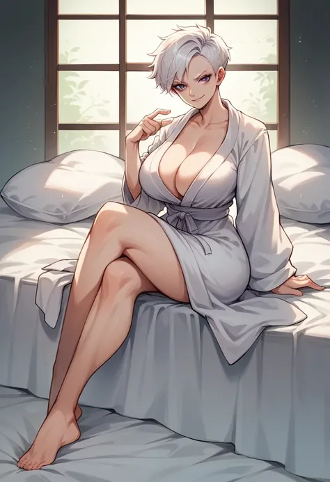 1 girl, pixie cut, white hair, very short, white eyelashes, hunter eyes, purple eyes, Japanese, huge breast, sexy, full body, fit body, very white skin, white bathrobe, in bed, teasing, smirking, seductive