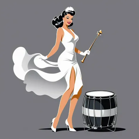 rafed woman in white dress playing a drum on grey background, inspired Tex Avery, Retro illustration, drum, In the style of digital illustration, Flat Vector Art, jazz, 1950s illustration style, stylized digital illustration, Manga style illustration, Tex ...