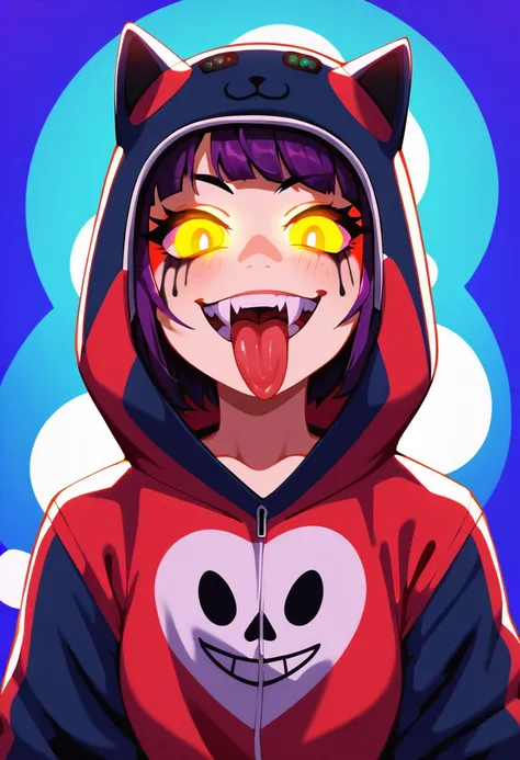 (NSFW, Screen print:1.3) from below, dramatic, psychophonky, psychotic, crazy smile, glowing eyes, fangs, tongue sticking out constricted pupils, small pupils