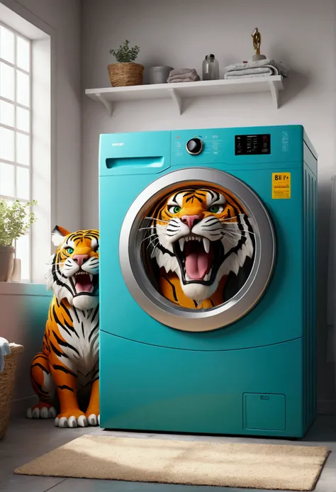 (design of character），monster washing machine with enthusiasm and joy while standing in a laundry, anthropomorphic tiger, Mattresses are tiger, smiling, big shiny eyes, Fantastic，Eccentric，similar to a fairy tale, super detailing, pixel style, vibrant with...